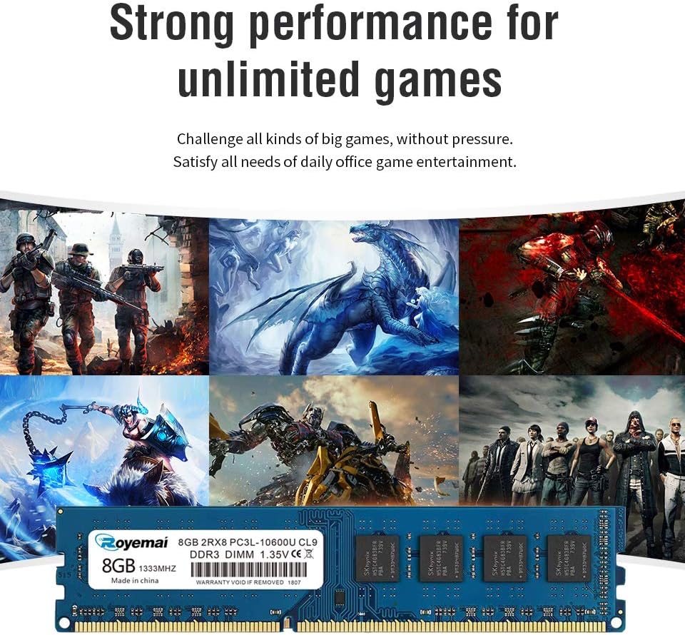 DDR3L 10600U 16GB Kit (2x8GB) DDR3L/DDR3 10600 1333MHz Udimm, Royemai 8GB PC3/PC3L-10600U Dimm Memory 2Rx8 1.35V/1.5V CL9 Desktop RAM