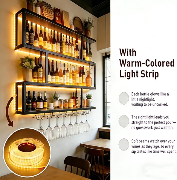 AUSKLEZU Botellero de Pared para Vino con Luz LED Cálida - Botellero Industrial de Pared Vertical de 4 Niveles, Estantería Flotante con Soporte para Copas Colgante para Bar, Cocina y Comedor (150cm) - 3