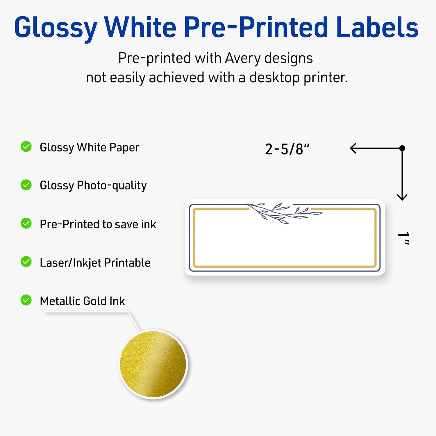Avery Printable Rectangle Labels, 1" x 2-5/8", Glossy White, Pre-Printed Gold & Navy Border/Florals Design, Sure Feed Technology, Laser & Inkjet Compatible, 320 Total