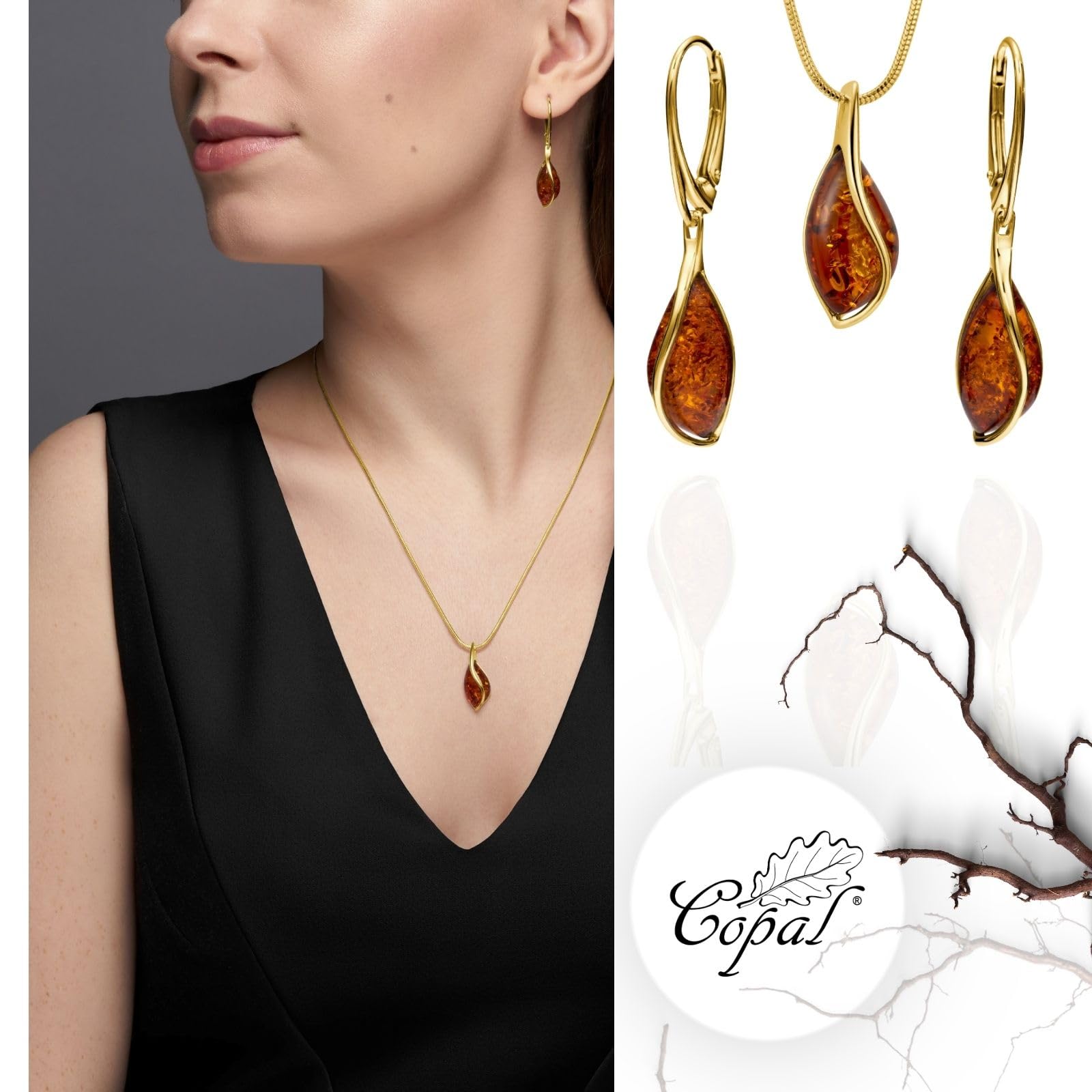 Copal Set Di Gioielli Da Donna Con Ciondolo In Ambra E Collana Regolabile In Argento Dorato