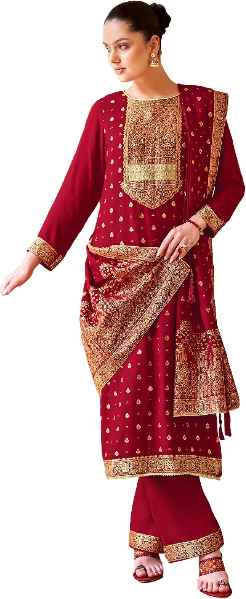 DRAVINAM TrendsWomen's Unstitched Pure Woolen Viscose Pashmina Jacuard Winter Wear Salwar Suit Dress Material with Premium Woolen Pashmina Jacquard Designer Jaal Shawl Dupatta