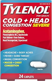 Tylenol Cold + Head Congestion Severe Caplets 24ct: Fast Multi-Symptom Relief for Pain, Fever, Nasal & Sinus Congestion