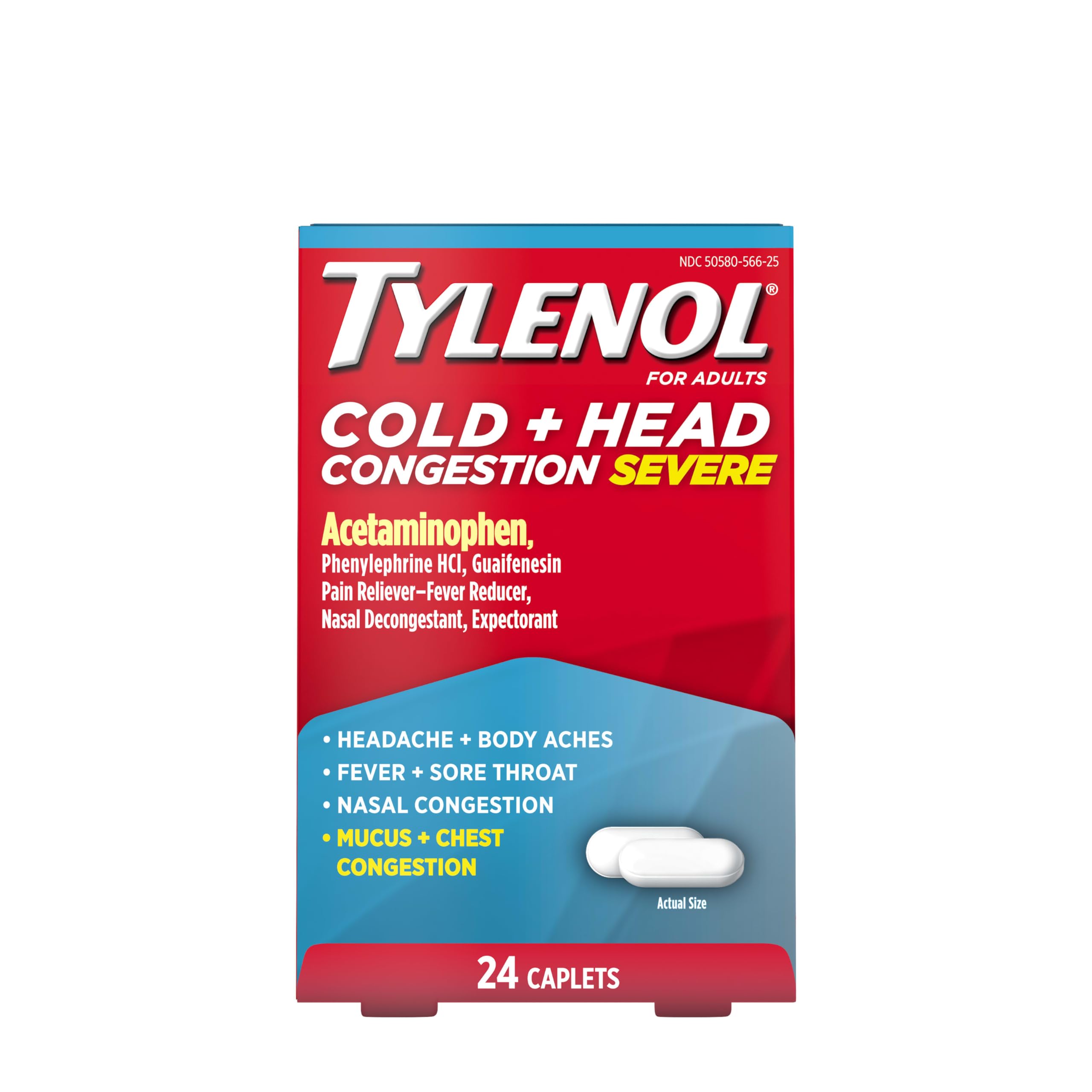 Cold + Head Congestion Severe Medicine Caplets for Fever, Pain, and Congestion, Acetaminophen Pain Reliever, Fever Reducer, 24 Count