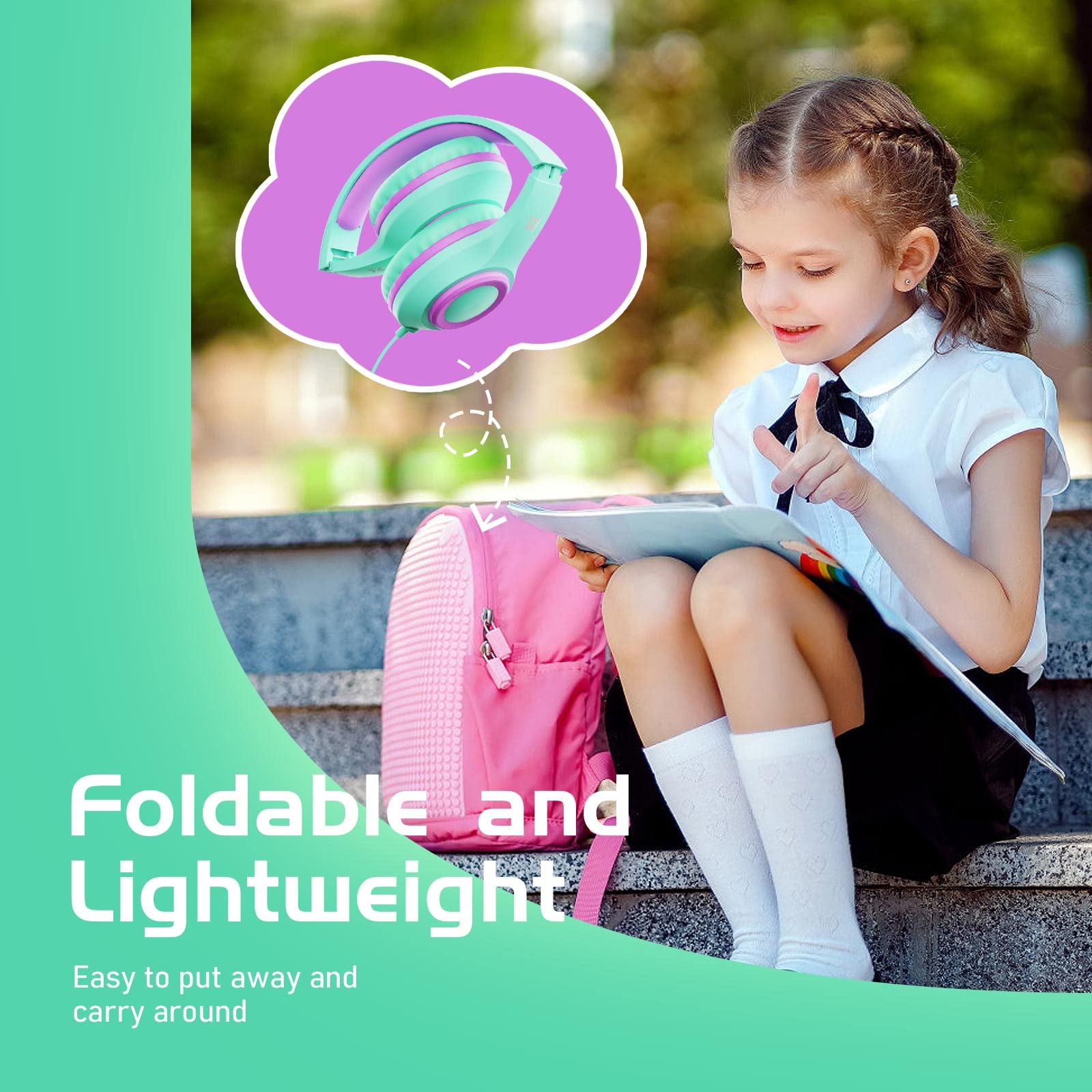 Słuchawki dziecięce z mikrofonem, ogranicznik głośności 94 dB, przenośne słuchawki przewodowe do nauki online, szkoły, podróży, słuchawki nauszne dla dzieci, dziewcząt, chłopców, zielone