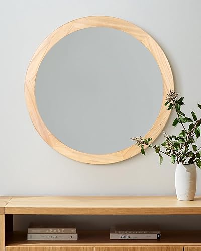 Miniatura 27 de CULER Espejo redondo de madera de 24 pulgadas, espejo circular con marco de nogal para pared, espejo de pared redondo decorativo rústico para baño