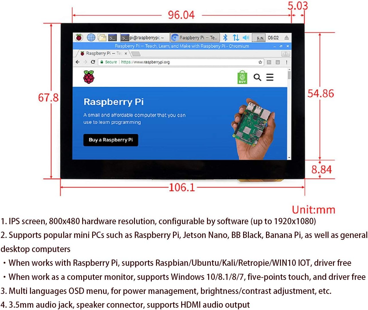 waveshare 4.3inch HDMI LCD 800x480 IPS Capacitive Touch Screen HDMI Interface Support All Version Raspberry Pi 4B/3B+/3B/2B/Zero/Zero W/Zero WH,Jetson Nano BB Black Banana Pi Windows 10/8.1/8/7