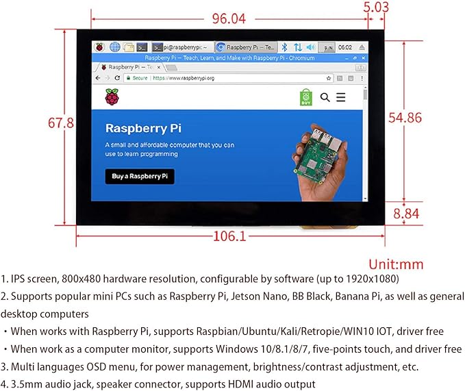 Monitor Táctil 4.3 Pulgadas IPS 800x480 HDMI miniatura 7