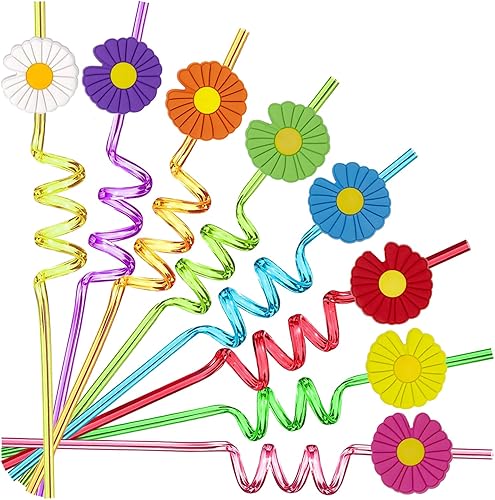 24 popotes rectos reutilizables con temática de margaritas para suministros de fiesta de primavera de verano, popotes diarios, fiesta de cumpleaños,