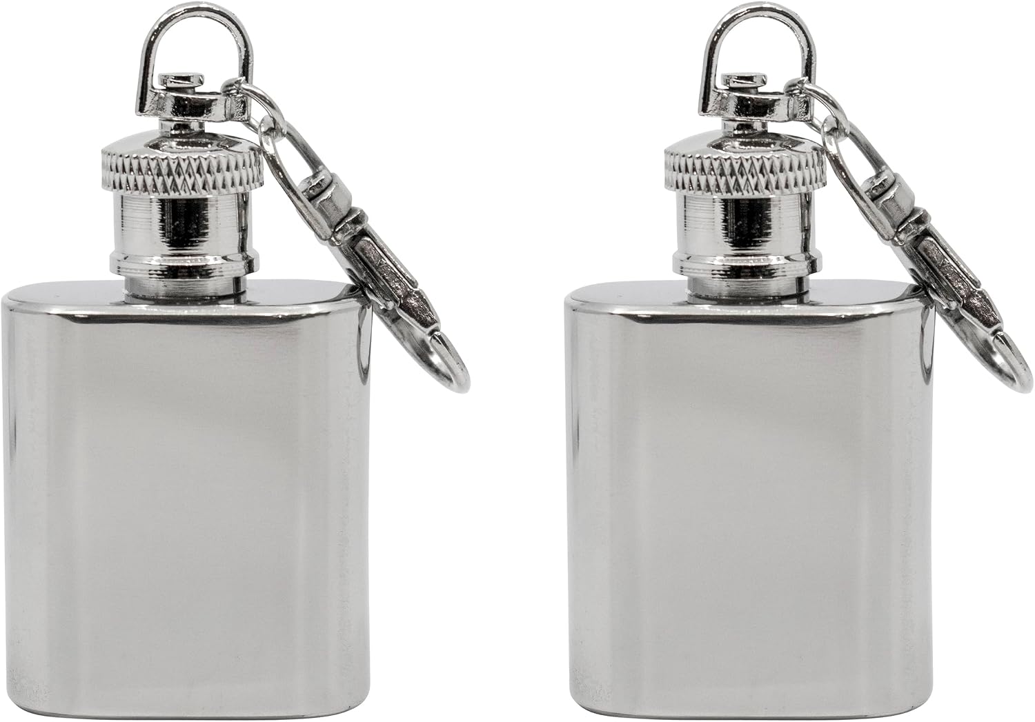 Set of 2 Stainless Steel Mini 1 Oz Hip Flasks With Snap Hook Keychain Attachment (Obround)
