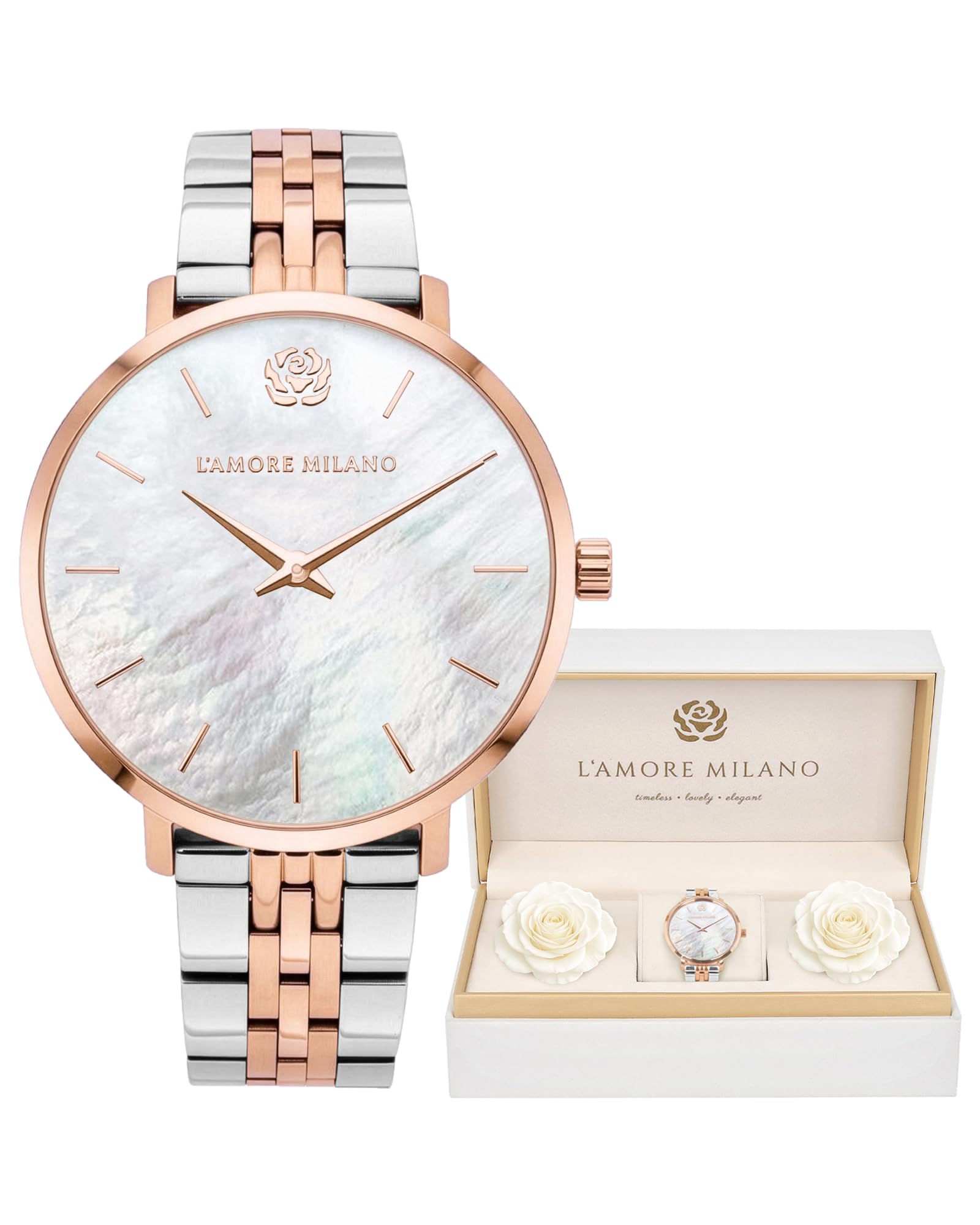 L'AMORE MILANO Damenuhr Rosenbox - Hochwertige Armbanduhr Edelstahl mit luxuriösem eckigem Design, wasserdicht 5 ATM - Edles Geschenk für Frauen, Freundin, Mutter - 36mm Damen Uhr