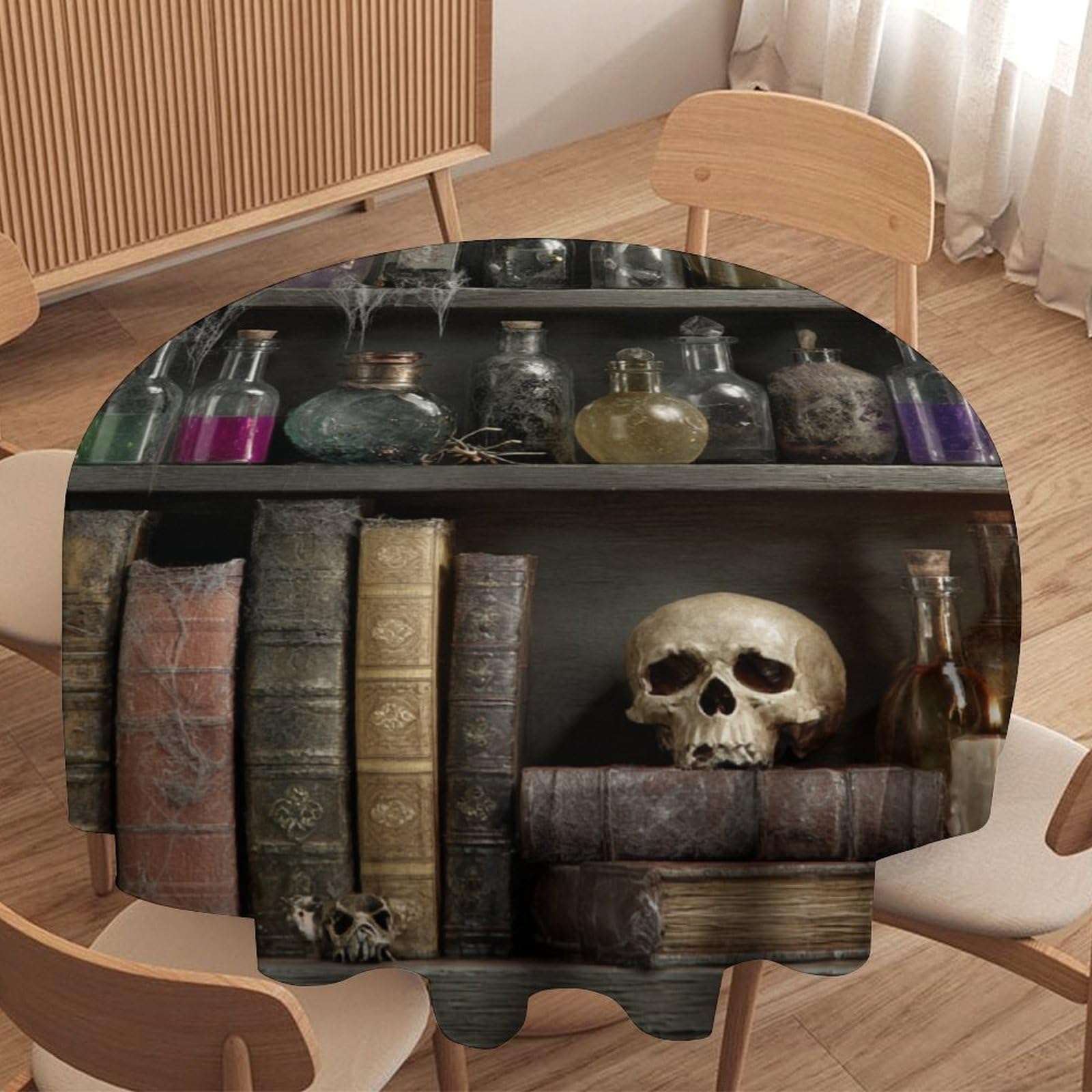 LUYYSKY Retro Oil Painting Magic Bookshelf Waterproof Round Tablecloth Colourful Gothic Halloween Skull Skeleton Pattern Washable Table Cover for Kitchen-177.8" Wx177.8 L cm