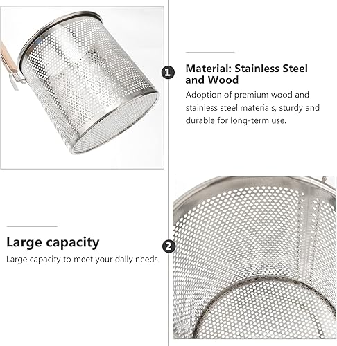 Miniatura 5 de Angoily Cesta de malla para pasta, colador de alimentos con mango redondo de madera, colador de araña de malla de acero inoxidable para pasta,