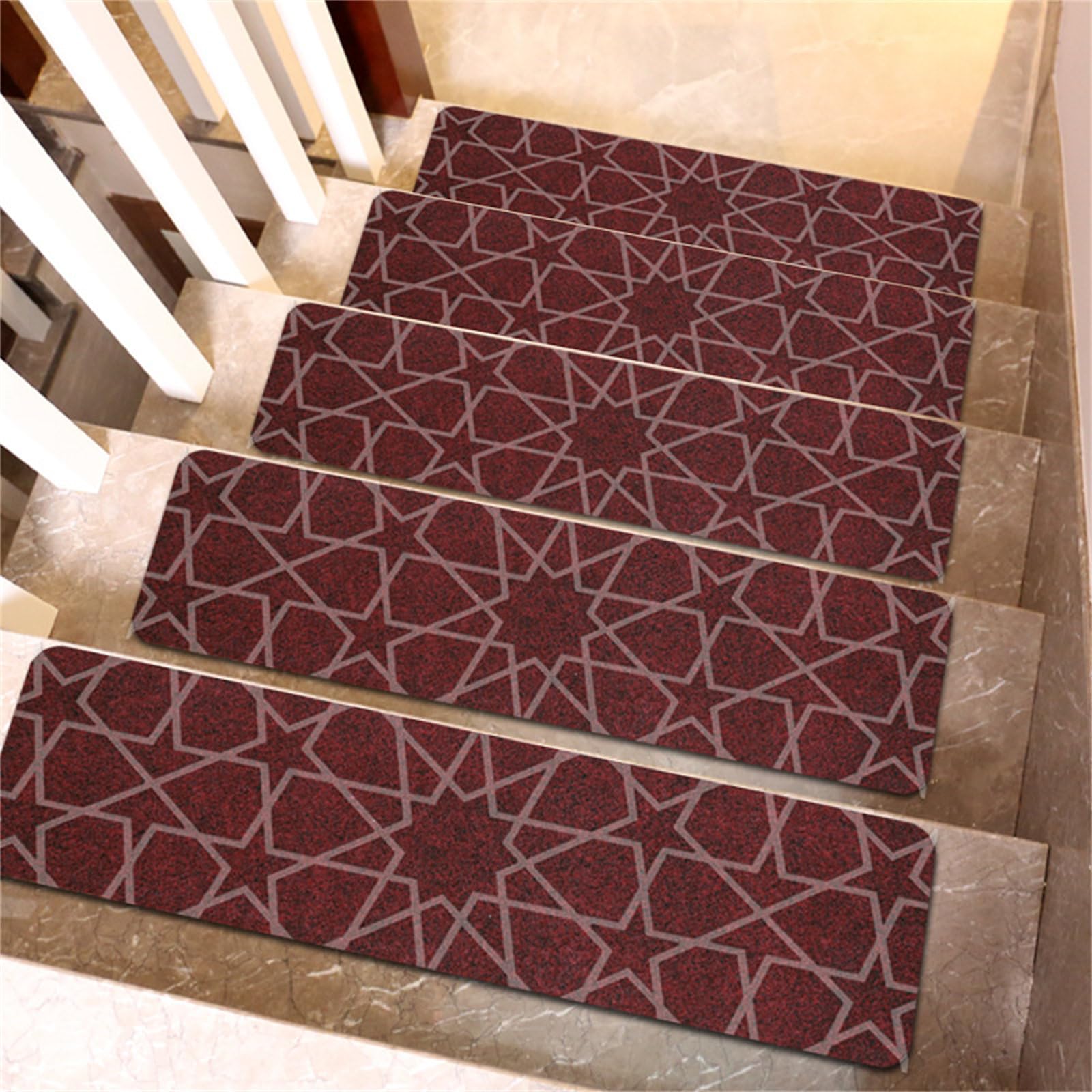 Odot Tapis Escalier, Jacquard Étoile Tapis Escalier Antidérapant, Muet Moquette Escalier Lavable en Machine, Marchettes d'Escalier Auto-Adhésif, pour Enfants, Aînés Animaux (10pc,Rouge)