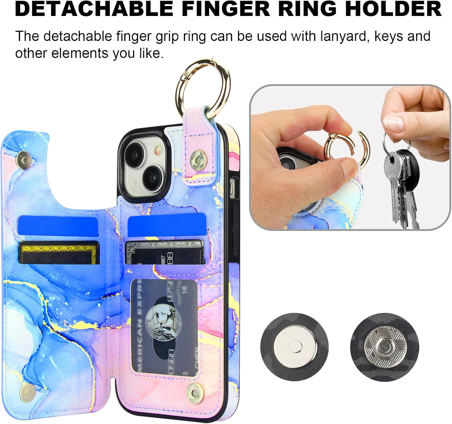 HAOPINSH for iPhone 15 Wallet Case with Card Holder, Pink Blue Marble Print Back Flip Folio PU Leather Kickstand Card Slots Case, Finger Grip Ring Double Magnetic Clasp Shockproof 6.1"