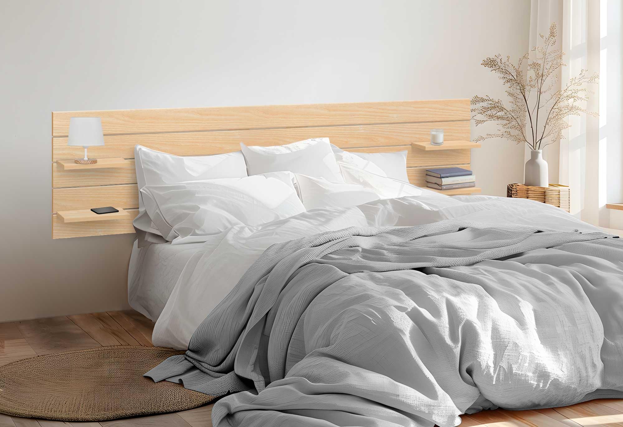 DHOME Cabecero con Estantes de Madera reciclada DM Colgante Pared Estilo Palet Horizontal Cama Vintage Nordico Herrajes incluidos (Madera Natural, 270cm)