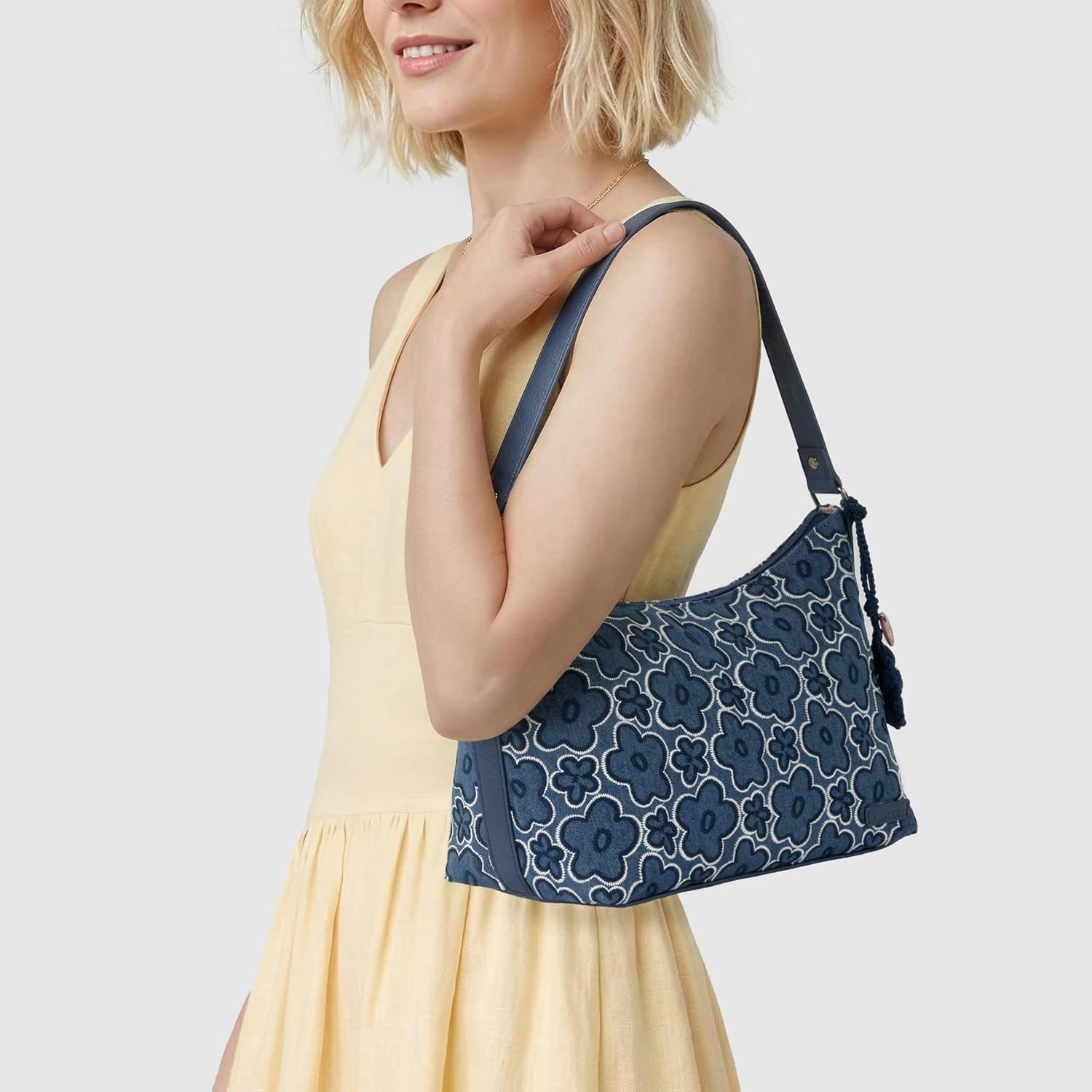 Sakroots Banyan Hobo – Shoulder bag with Zipper Closure, Back Zipper Pocket, detachable key dangle. Lightweight Travel, Work, or Everyday Hobo for Women - Denim Retro Flower
