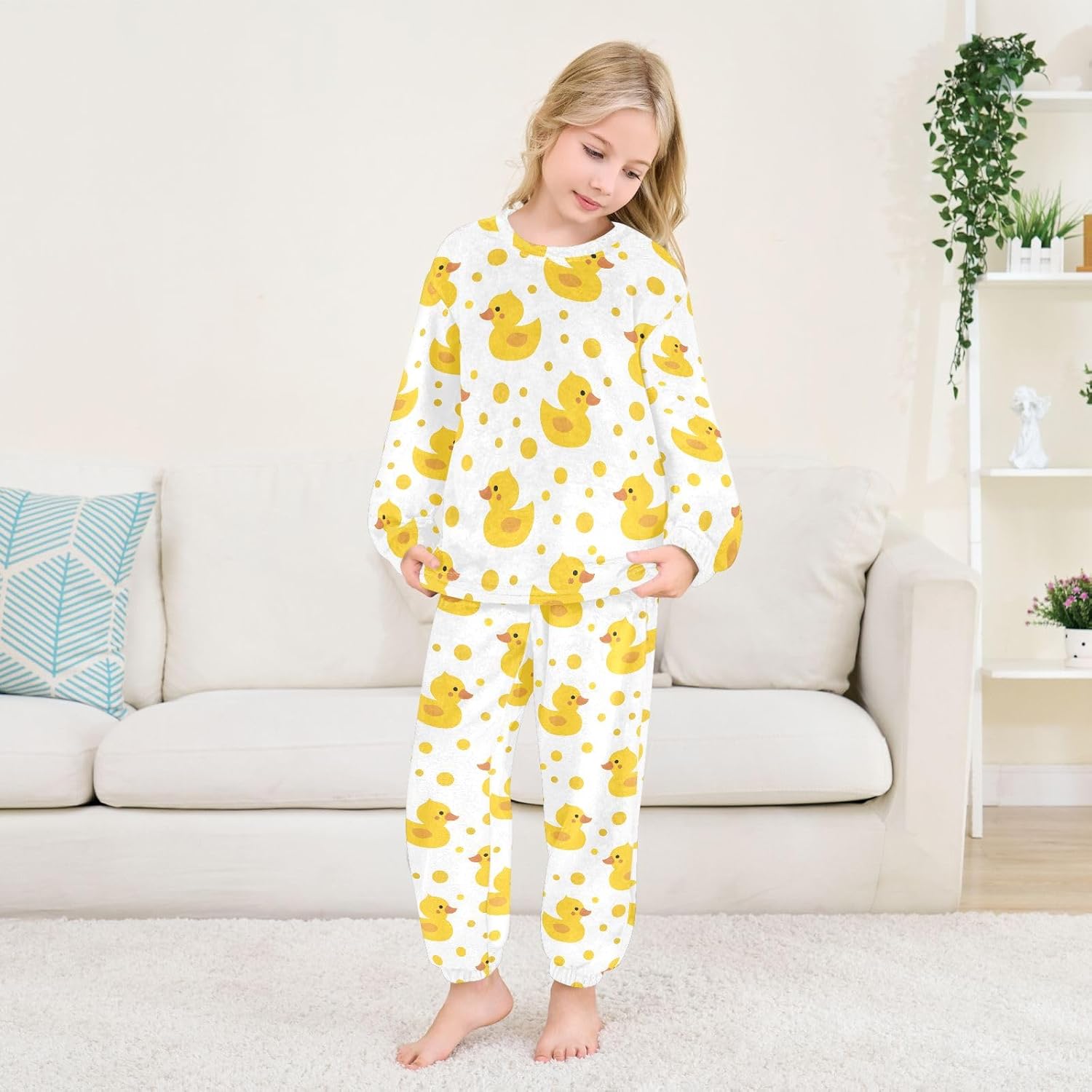Kids Flannel Sets Cute Yellow Duck Warm Plush Relaxed Clothing for Boys and Girls