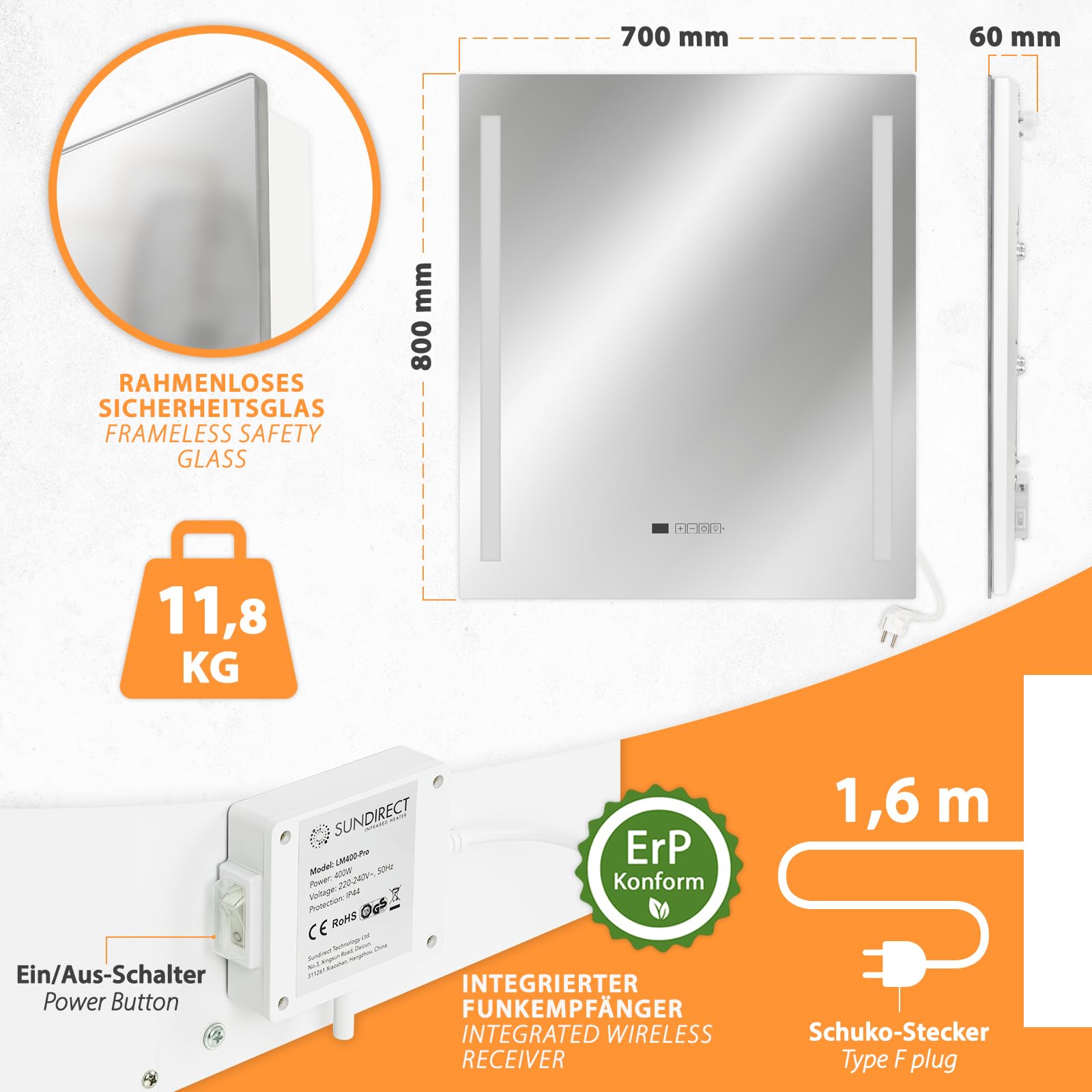 Infrarot Spiegelheizung Heizspiegel LM400-Pro 70x80cm 400W mit Beleuchtung, Tuya Smart App, Antibeschlag Spiegel optimal für Bad, Badezimmer