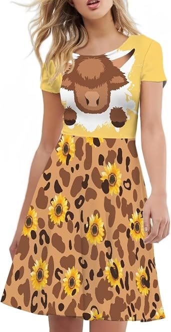 Womens Stylish Summer Dress Short Sleeve Round Neck Knee Length Twirly Dress