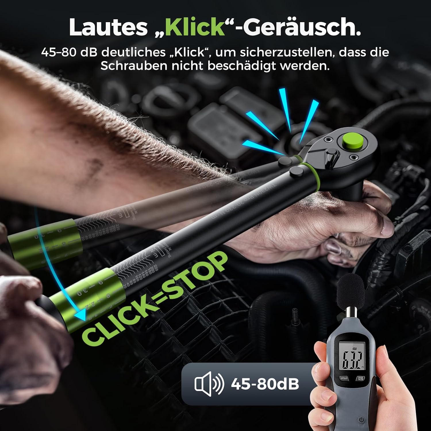Contents of the ETOOLAB 1/2 inch Torque Wrench Set, showing the torque wrench, various sockets, adapters, extension bar, and universal joint neatly arranged in a green case.