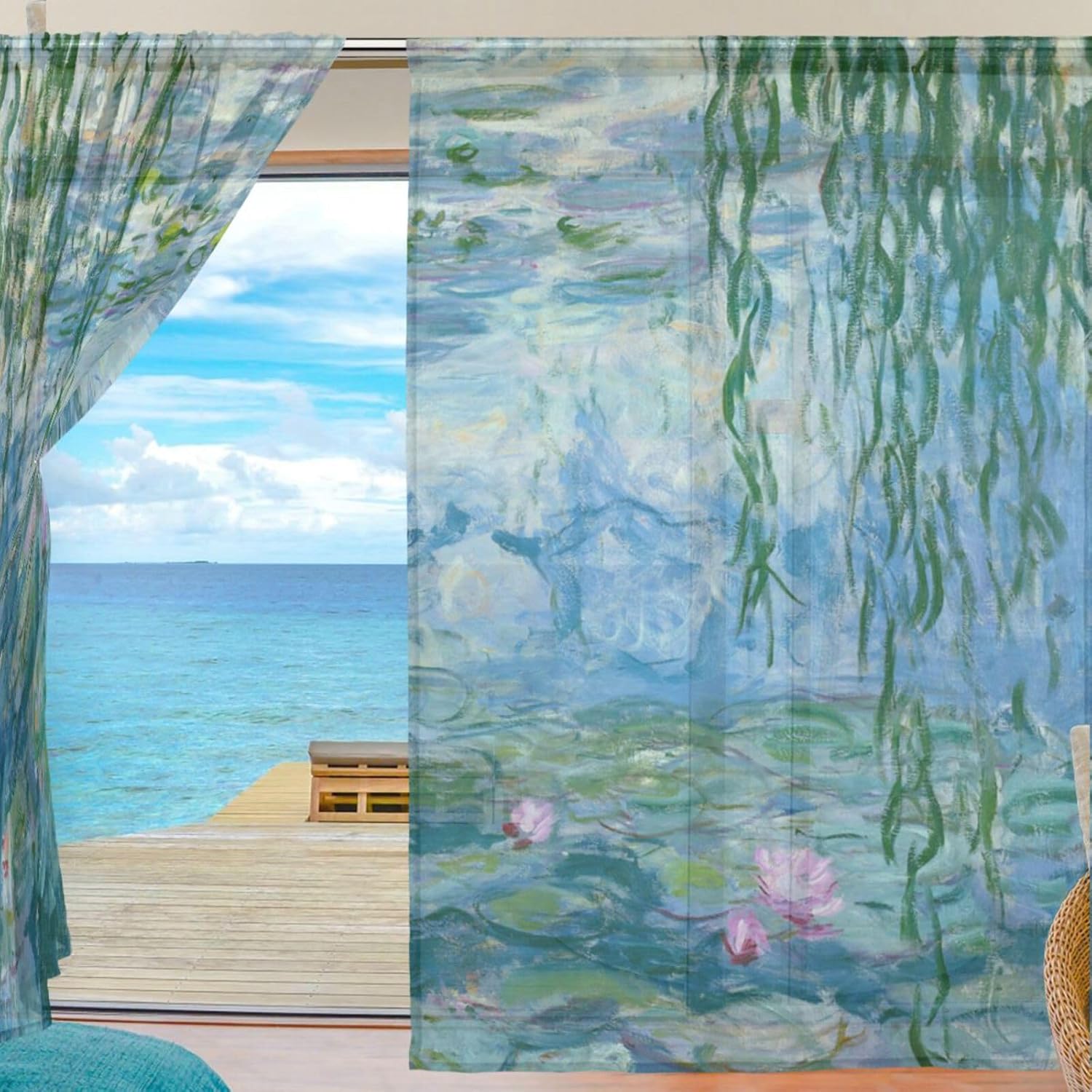 Sheer Panel Curtains, Water Lilies Claude Monet Oil Paintings Flowers Bedroom Living Room Home Decor Sheer Curtain Drape 2 Panel 55 x 84 Inch