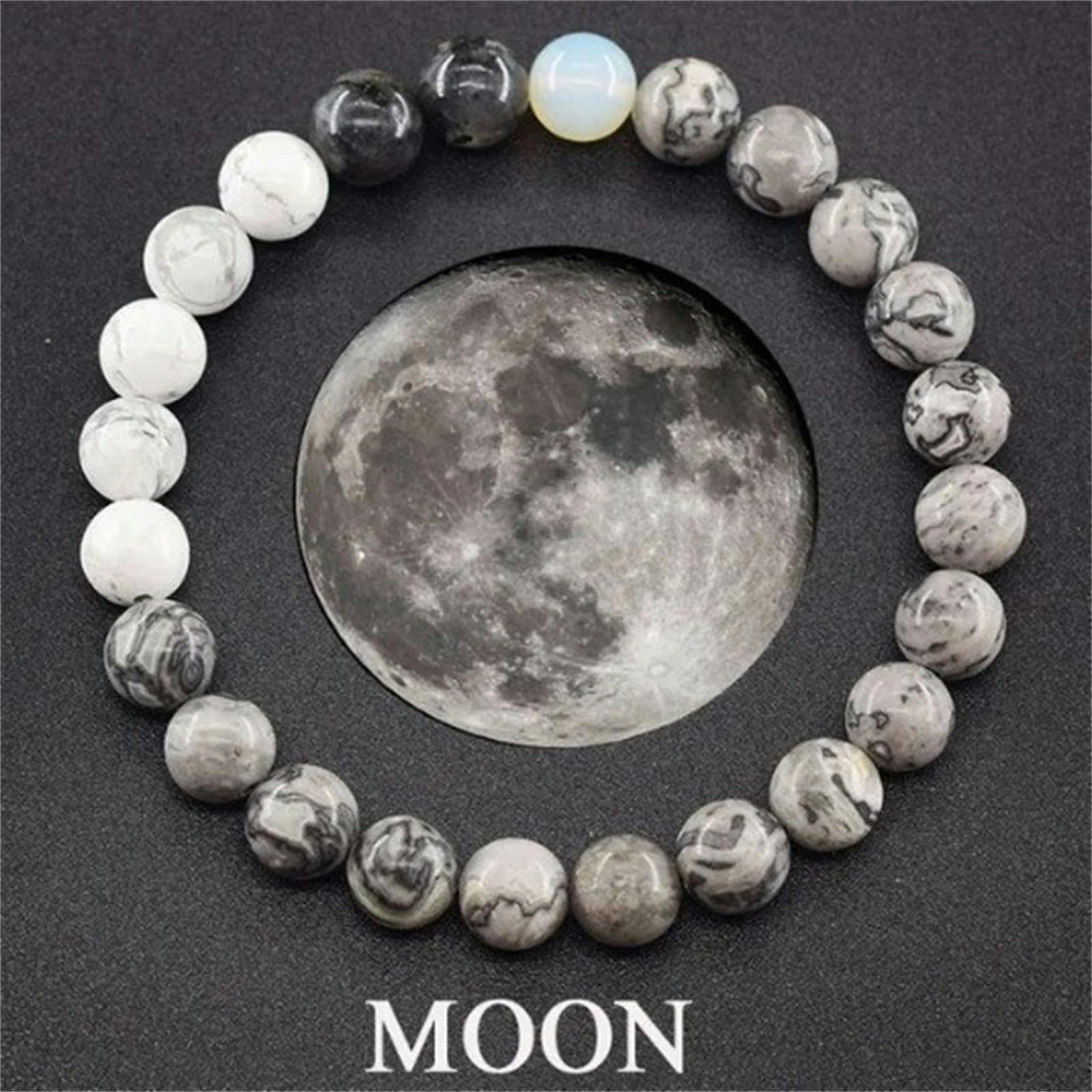 Bracciale Feng Shui Planetario in Pietra Naturale per Uomo E Donna - Universo Sistema Solare in Perline Con Otto Pianeti Fatti A Mano - Luna