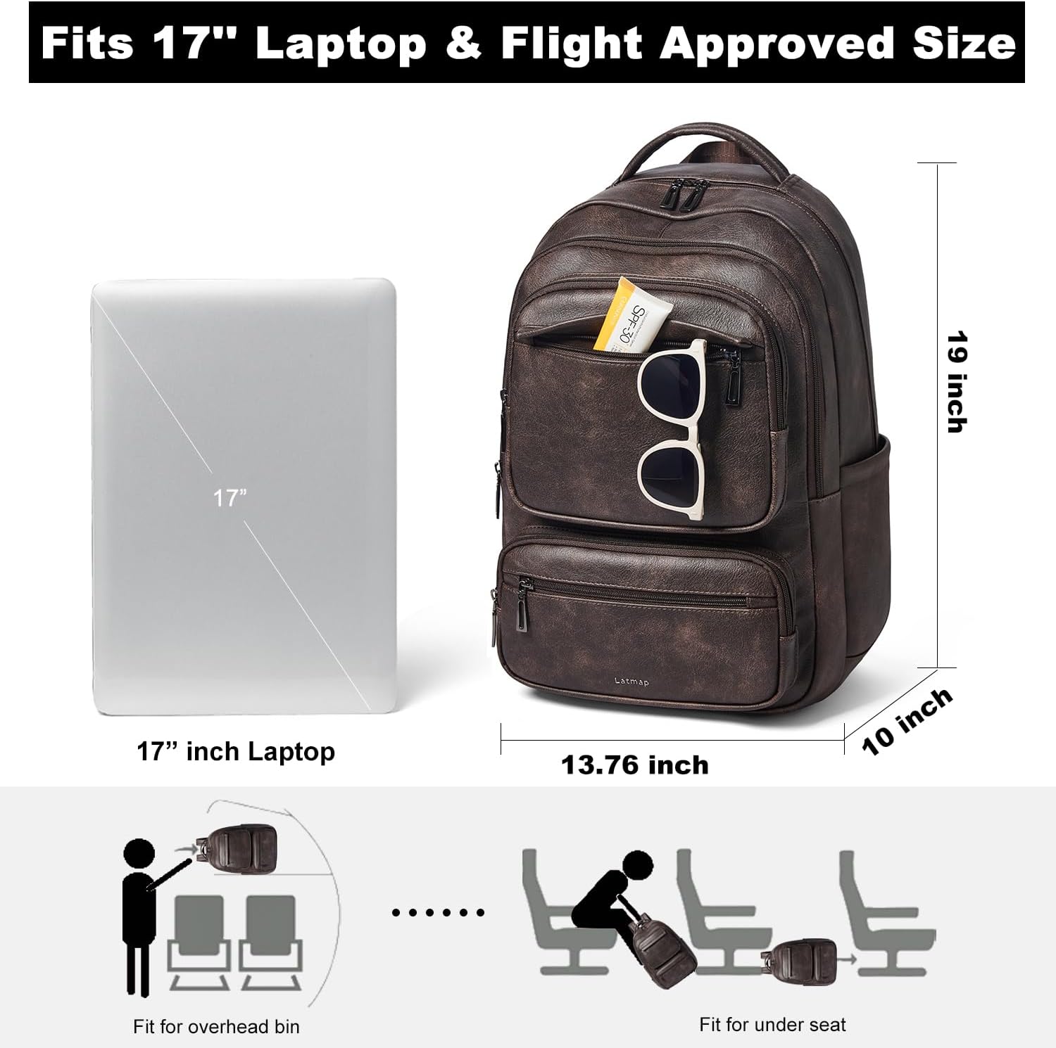 43L Backpack Purse For Women Men Leather Shoulder Diaper Bookbag Tote 17 16 15.6 Inch Laptop Bag Handbags For Travel Work College Large Coffee Color - Image 4