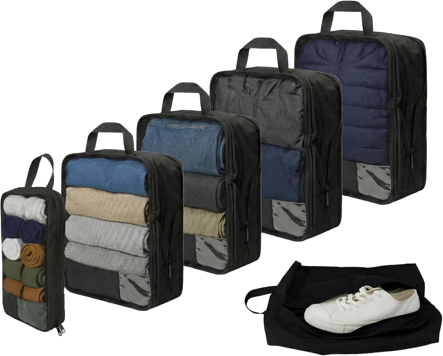 6-Pack Travel Compression Packing Cubes Set for Luggage & Suitcase – Includes S, M, L & Shoe Bag, Space-Saving Travel Organizer with Handle（Black）