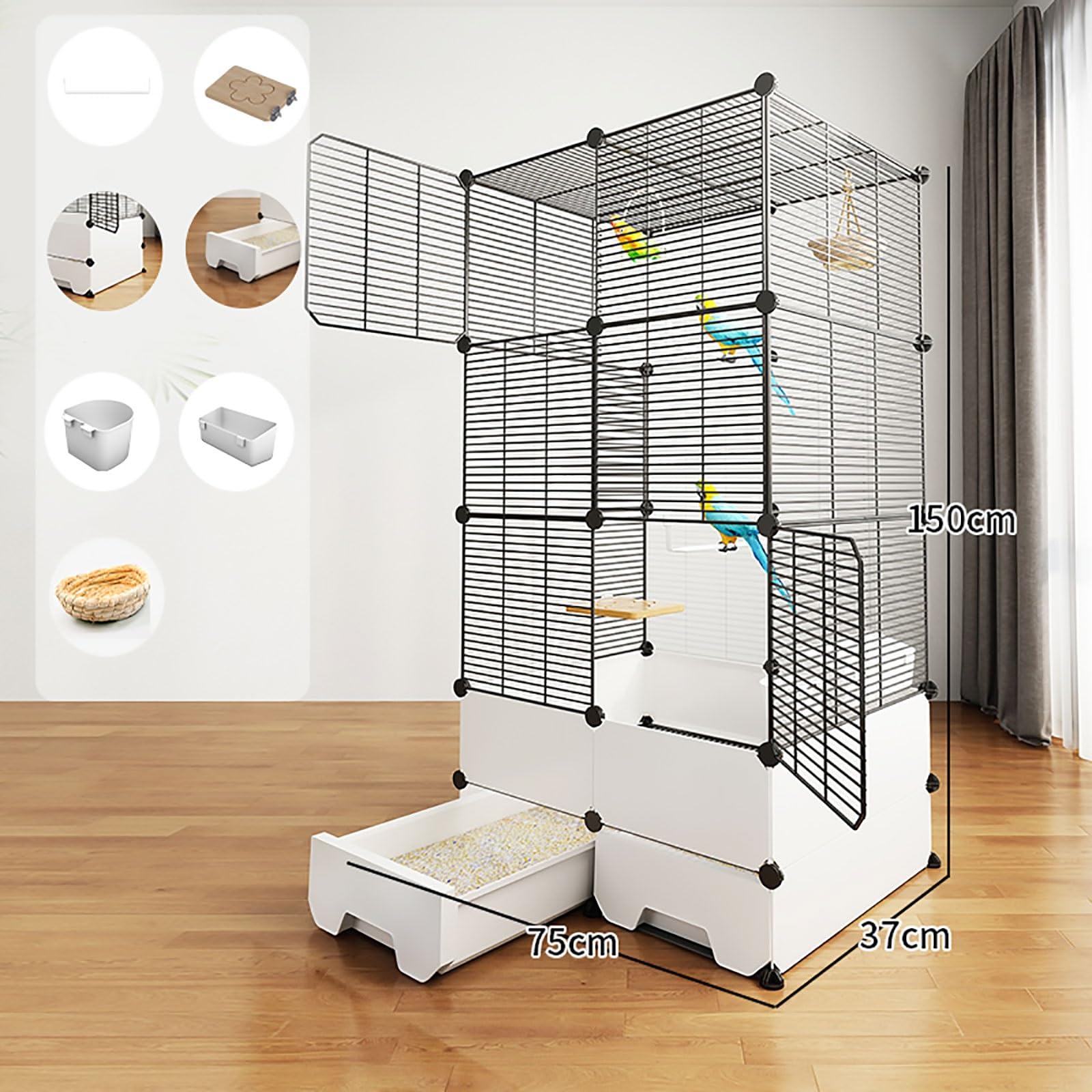 Genérico Jaula Grande De Metal para Loros, con Soporte con Ruedas Desmontable, Arenero, Jaula De Vuelo para Pájaros, Duradera Y Fácil De Limpiar (75x37x150cm)