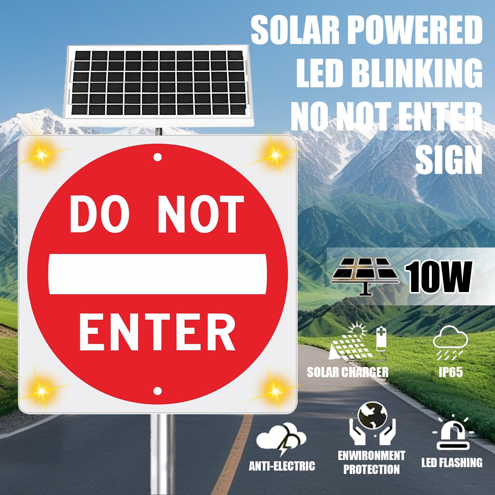 Cartel “Do Not Enter” De 24 X 24 Pulgadas, Señal Vial Cuadrada De Aluminio con LED Intermitente Alimentado por Energía Solar