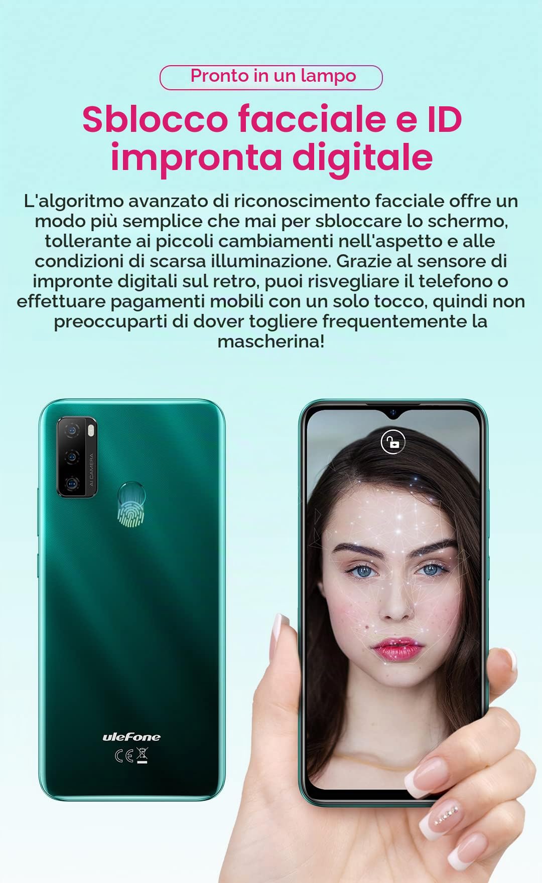 Cellulare Offerta Ulefone NOTE 10(P), 3GB RAM 128GB ROM, Tripla Fotocamera 13MP, Smartphone DUAL SIM 4G, HD+ 6,5'', Slot Per 3 Schede, Android 11, Batteria 5500mAh Impronte Digitali GPS WIFI Verde