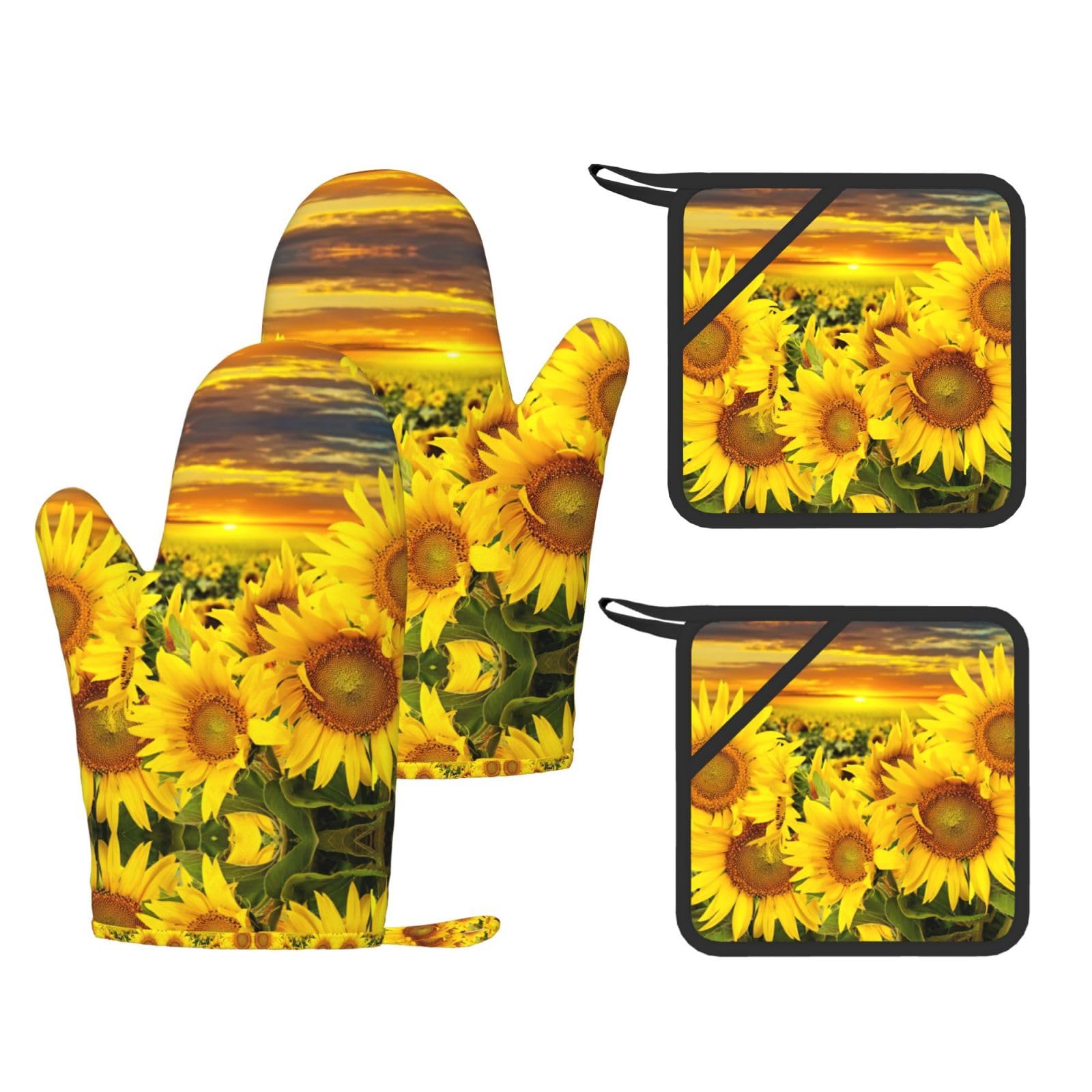 Sunflower Pattern Printed Oven Gloves and Hot Pads Set of 4, High Heat Resistant Silicone Mitts for Cooking BBQ