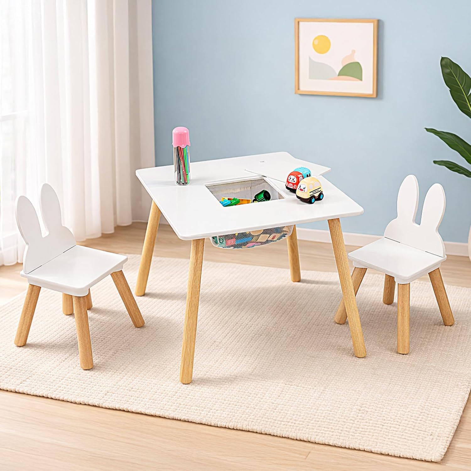 JOYMOR Kids Table and 2 Chairs Set, 3 in 1 Design for Toddler Activity, with Removable Tabletop, Storage Space and White Bunny Ear Chairs, Ideal for Craft and Playroom, Fit for Kids 2 to 5 Years Old