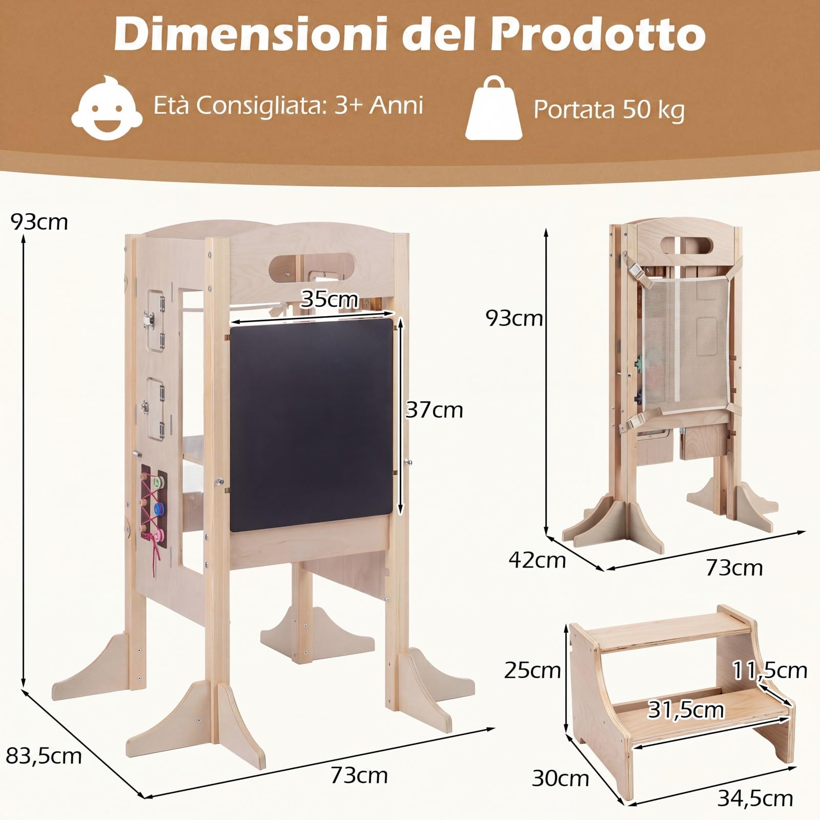 COSTWAY Torre Montessoriana Bambini, Torre di Apprendimento Pieghevole 3 in 1 con Altezza Regolabile, Lavagna Rimovibile e Pannello Educativo per Bambini 3+ Anni, 83,5 x 73 x 93 cm