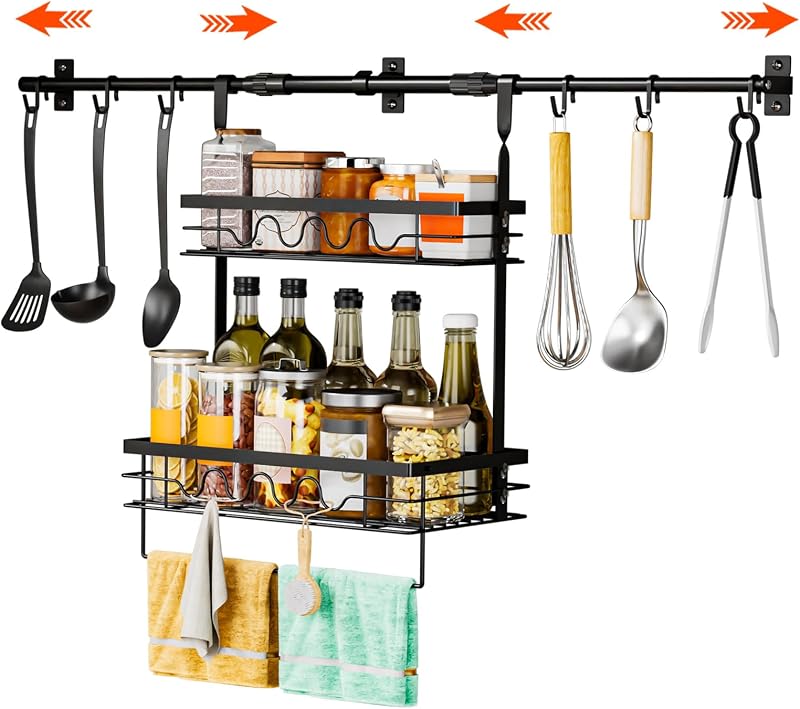 Wall-Mounted Storage Rack, Adjustable Rod Length, Two-Tier with Hooks | Upgraded Heavy-Duty Kitchen Wall Shelf, 2-Tier Basket with Hooks, 6 Kitchen Hooks, Spatula Holder, Utensil Organizer
