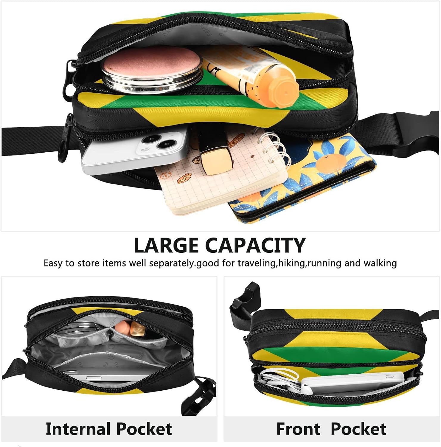 Hiking Fanny Pack Jamaica National Flag Waist Pack Fashion Casual Hip Bum Bag with Adjustable Strap for Women & Men Hands Free Crossbody Bags for Outdoors, Hiking, Running, Travel
