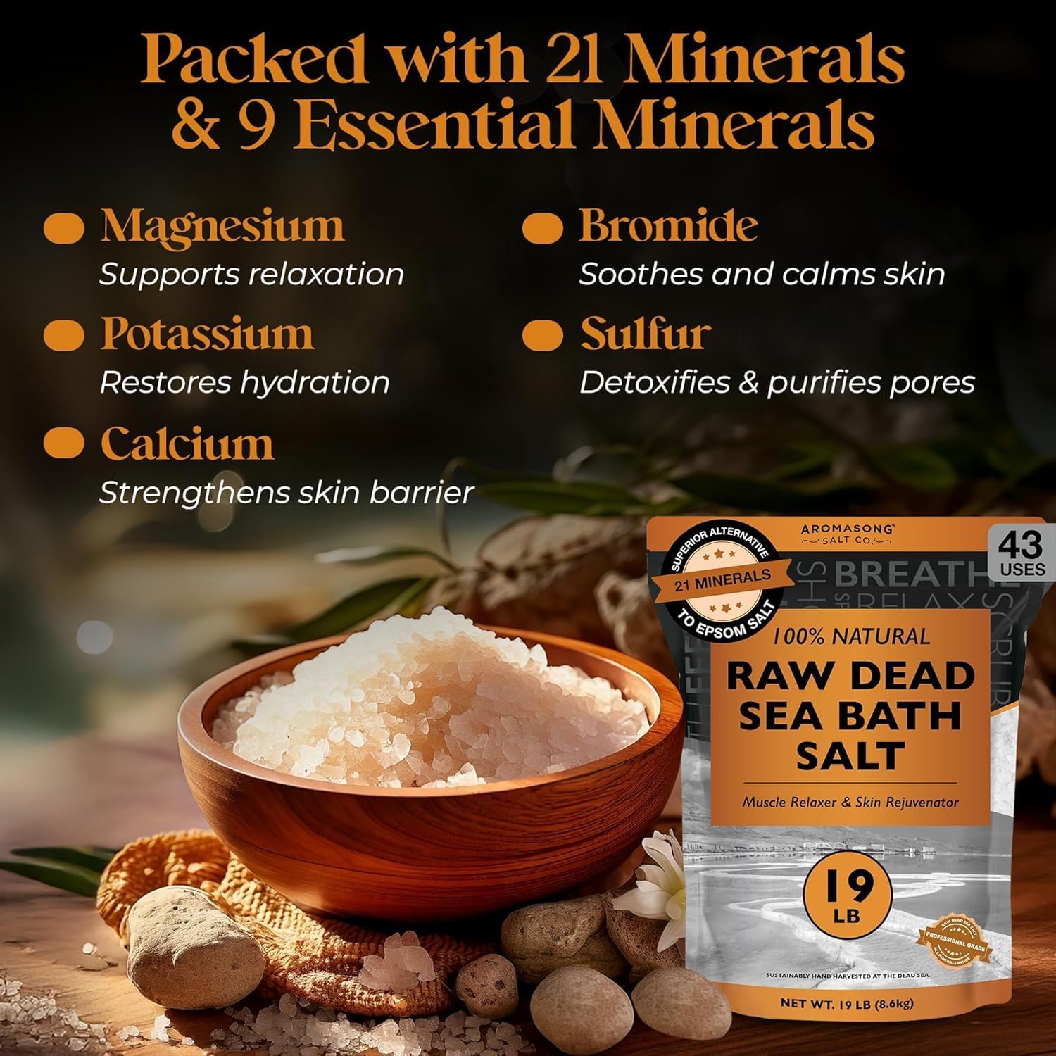 Raw Dead Sea Salt Not Cleaned - 38 Lbs. Fine Medium Grain Large 2 Pack Bulk Resealable Bags - Still Contains All Dead Sea Minerals Including Dead Sea Mud -100% Pure & Natural - Soak for Women and Men.