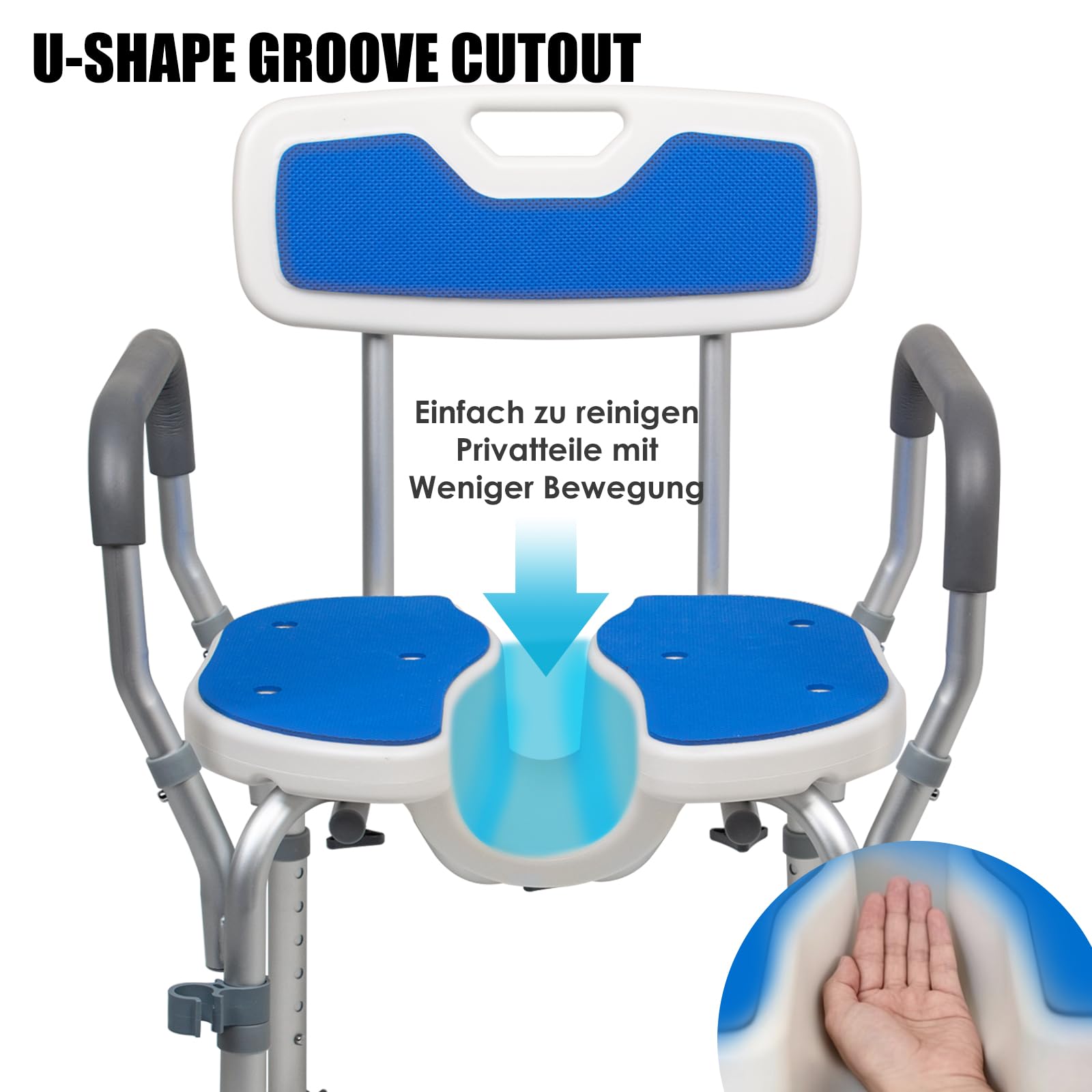 Silla de ducha ergonómica en forma de U con respaldo y reposabrazos, 180 kg, incluye ventosa, 6 niveles de altura, taburete de ducha para lavar el hogar