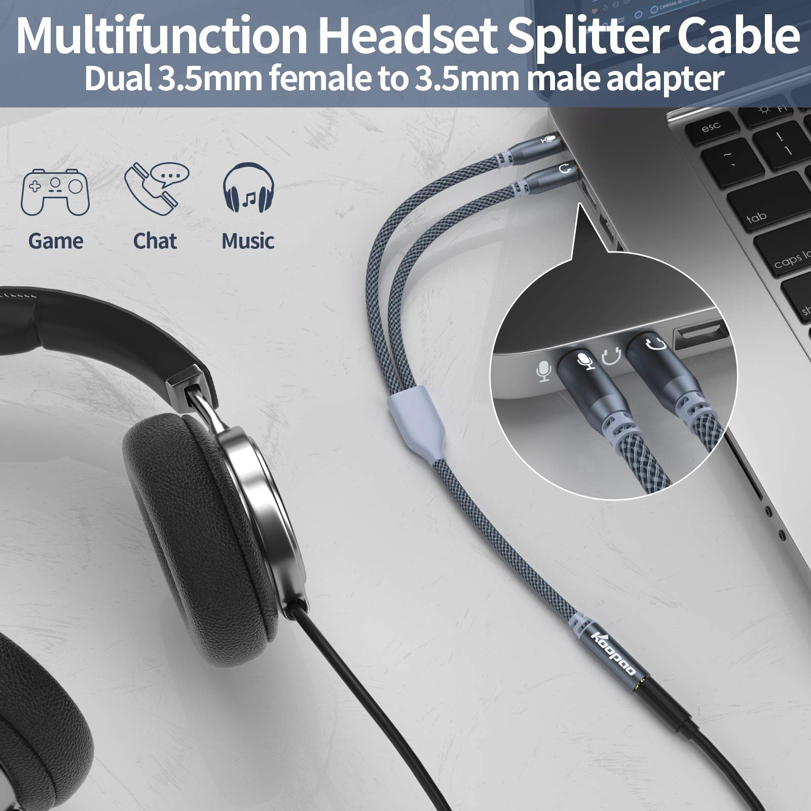 KOOPAO 3.5MM Headphone Microphone Splitter, 3.5mm Female to Dual Male Headphone Y Splitter Cable Compatible with Mic Function for Tablet, Laptop, PC Gaming Headset, PS4