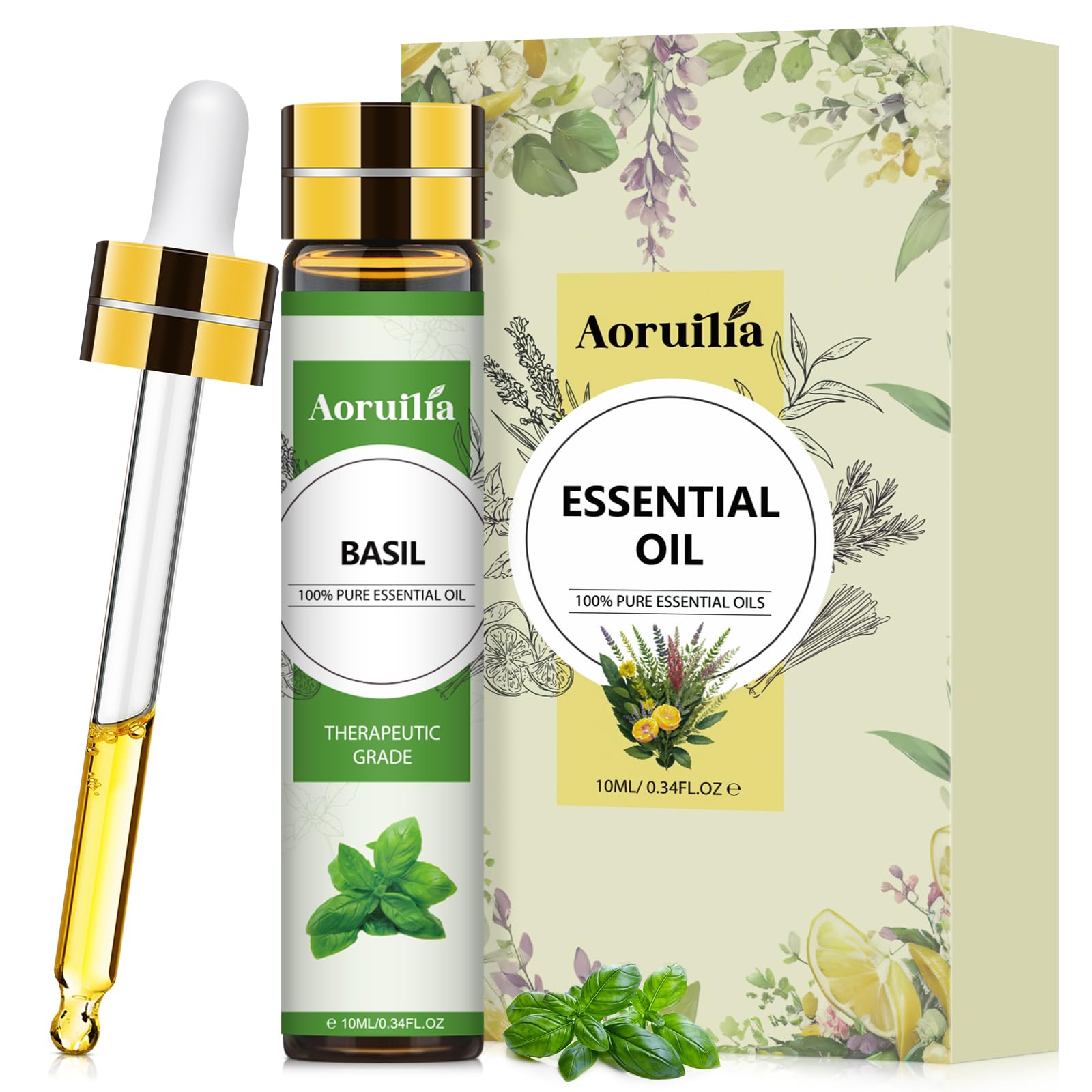 Aoruilia10ml Basil Essential Oil, 100% Pure Natural Basil Aromatherapy Oils for Diffusers for Home, Sleep, Relax, Spa, Massage, DIY Soap, Candle Making