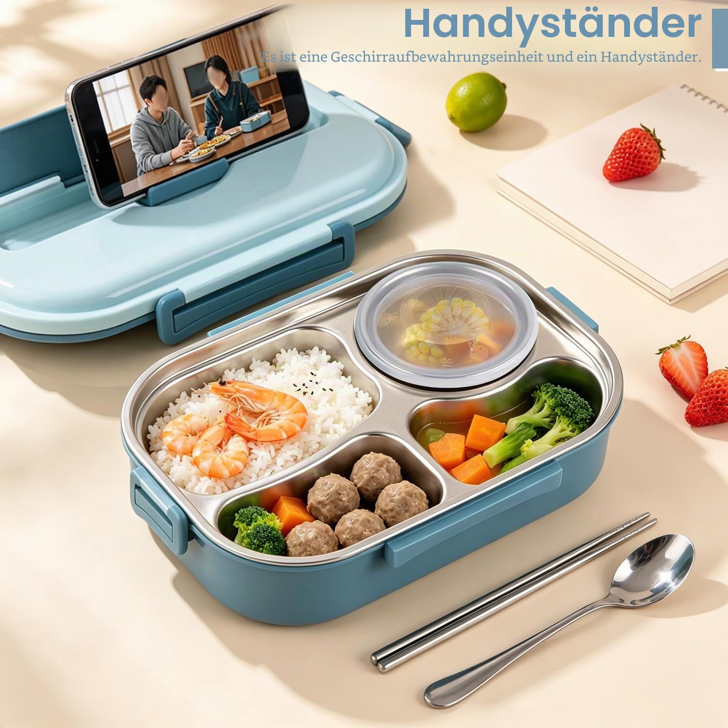 Tissting Edelstahl Lunchbox 4-Fach, 1500ml Brotdose Edelstahl Metall Bento Lunchbox Auslaufsichere Bento Box Brotzeitdose Vesperdose Brotbüchse für Studenten Erwachsene (with soup bowl: blue (spoon)