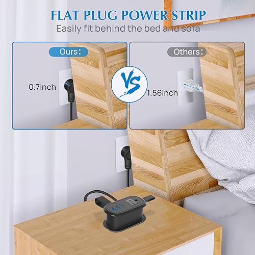Miniatura 5 de BEVA Regleta de alimentación de viaje con puertos USB, cable de extensión de enchufe plano de viaje de 4 pies, carga rápida PD de 20 W, 2 tomas de