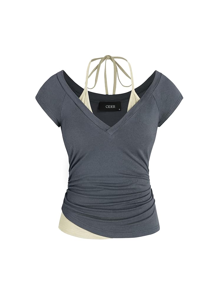 CIDER Halter Neckline Patchy Short Sleeve Top: Grey, XXS at
