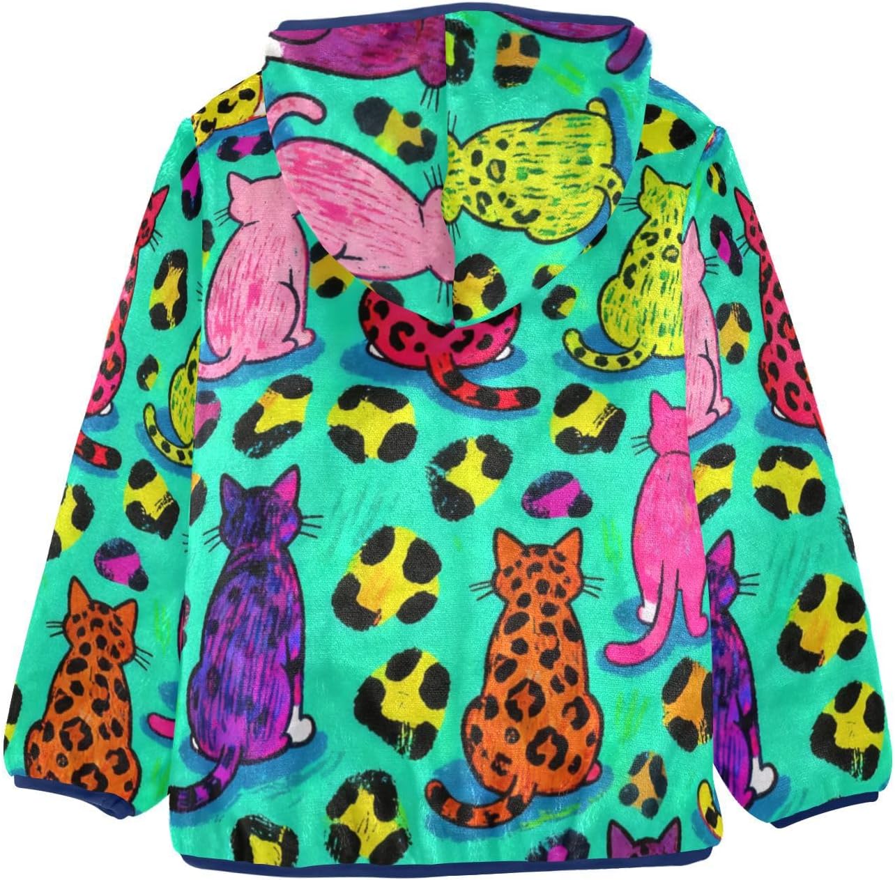 KLL Colorful Leopard Print Cartoon Cat Toddler Zip Up Jackets Outerwear Jackets Navy Blue Baby Boy Hooded Fleece Jacket