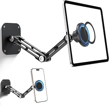 Magnetic iPad Wall Mount, Aluminum Dual-Arm Tablet Mount Holder | 360 Multi-Angle Adjustable, Foldable Wall iPad Mount for 4.7-15.6" iPad Pro/Air/Mini, Smartphones & Tablets, Strong Magnets