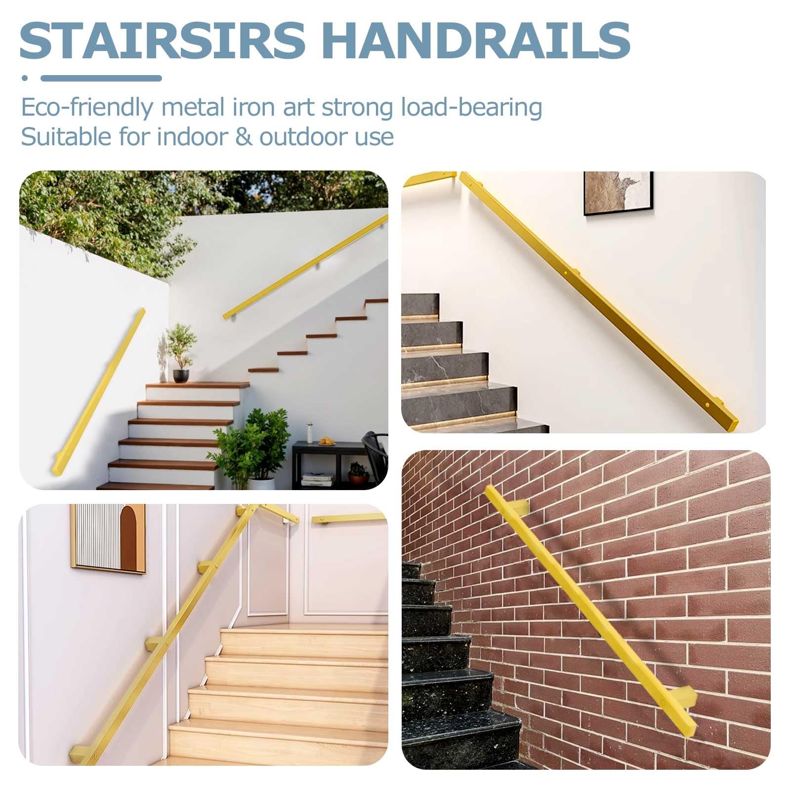 Pasamanos de escalera para paredes, barandilla de barandilla de hierro forjado dorado para soporte de montura de pared al aire libre y interior, barra de agarre de escalera sin deslizamiento(570cm)