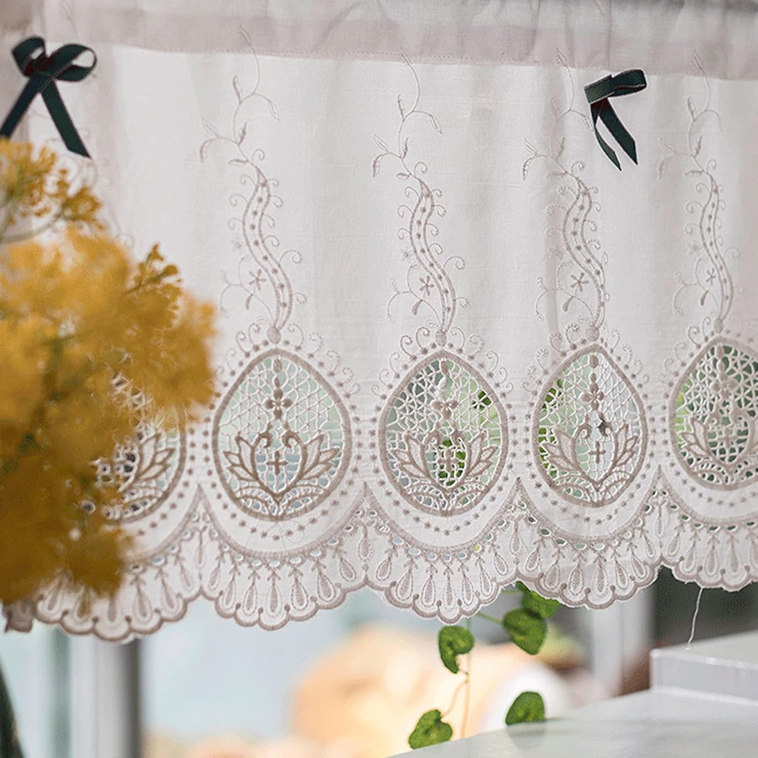 Tier Curtains Kitchen Curtain,Hollow Embroidered Lace Half Curtain,Country Style Cafe Curtain,Translucent Bistro Curtains,Valance Short Curtains for Kitchen Living Room Bathroom Bedroom
