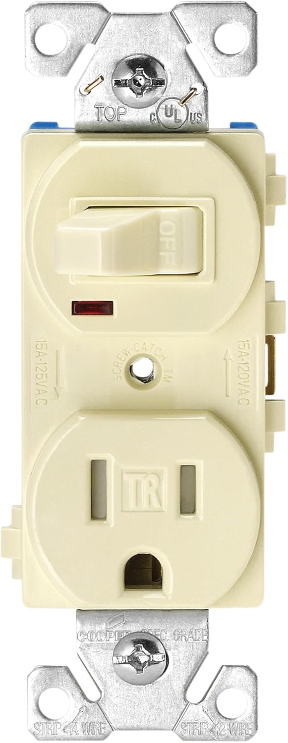 Eaton TR274W 3-Wire Receptacle Combo Single-Pole Switch with Tamper Resistant 2-Pole, White