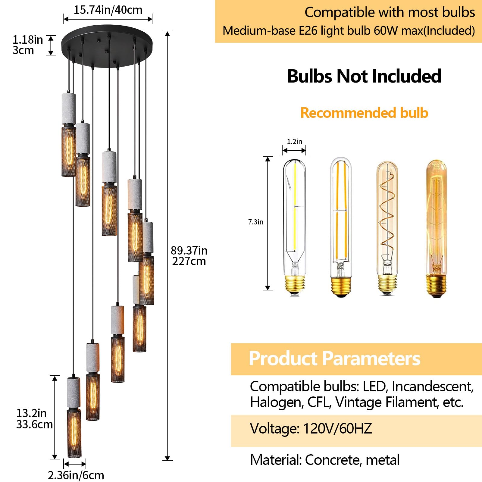 ADCTHOME 9-Light Concrete Linear Black Pendant Light with a Metal Mesh Shade,Staircase Large Chandelier Lobby Living Room Bedroom Foyer High Ceiling Chandelier