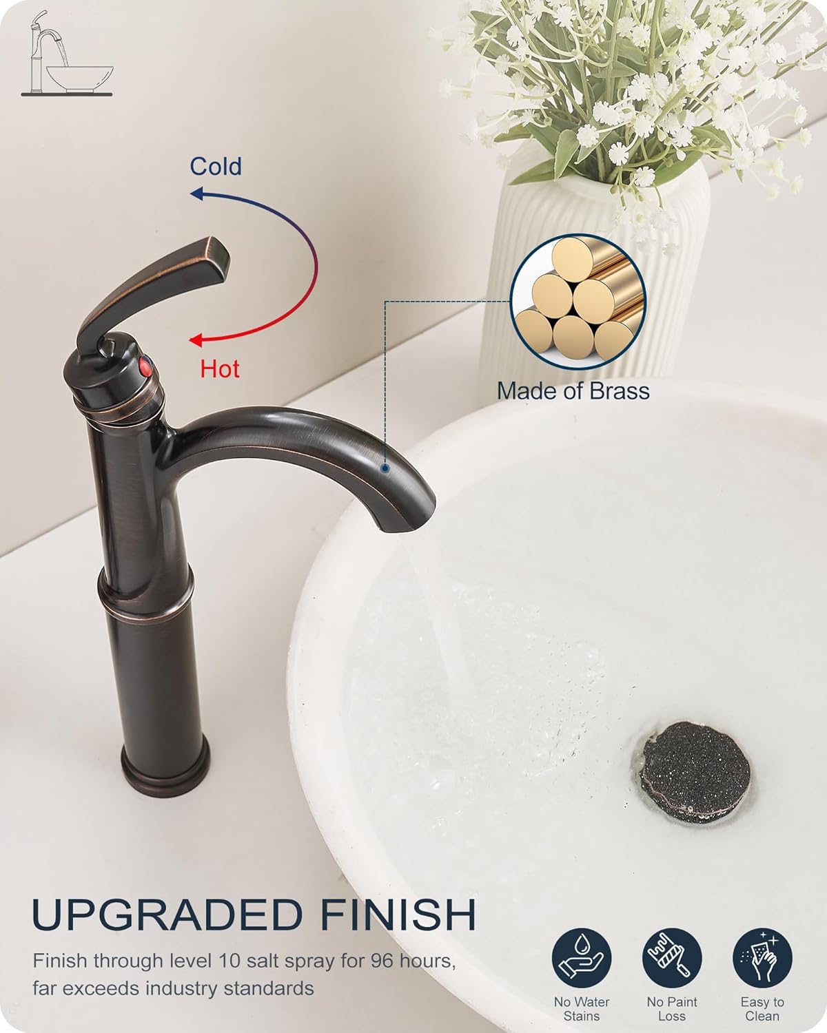 Brass Vessel Sink Faucet Oil Rubbed Bronze, 12.6 Inch Tall Bathroom Faucet 1 Hole, Single Handle with Pop Up Drain, cUPC Supply Line and Aerator for Farmhouse, Countertop Basin, 5 Mins Install - Image 3